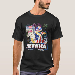 Meowica Cat Dinosaur Patriotic 4. Juli Feuerwerk T-Shirt
