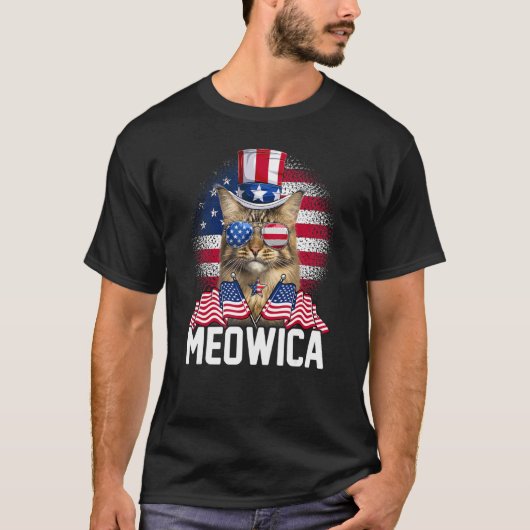 Meowica Cat Usa Flag Sonnenbrille & Uncle Sam Hat T-Shirt (Vorderseite)