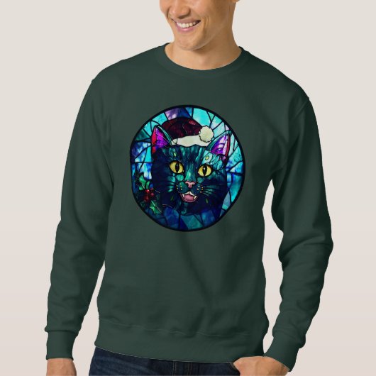 Meowing Stained-Glass Christmas Black Cat Sweatshirt (Vorderseite)