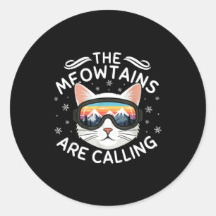 Meowtains rufen lustiges Katzen-Skiing Retro-Sonne Runder Aufkleber