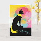 Meowy Black Cat in Yellow Scarf Sprichwort Karte (Gelbe Blume)