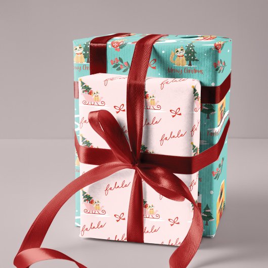 Meowy Cat Christmas Sleigh Winter Village Szene Geschenkpapier Set