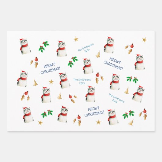 Meowy Cat Niedlich Personalisierte Weihnachten Geschenkpapier Set (Vorderseite)
