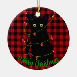 Meowy Cat Weihnachten Rote karierte Heilige Beeren Keramik Ornament