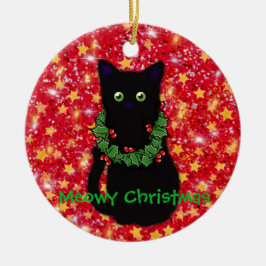 Meowy Cat Weihnachten Roter funkelnder Glitzer Keramik Ornament