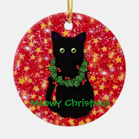 Meowy Cat Weihnachten Roter funkelnder Glitzer Keramik Ornament (Vorne)