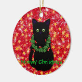 Meowy Cat Weihnachten Roter funkelnder Glitzer Keramik Ornament (Links)