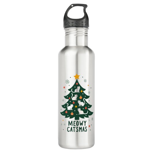 Meowy Catmas Cat Christmas Tree Xmas Funny Santa C Edelstahlflasche (Vorderseite)