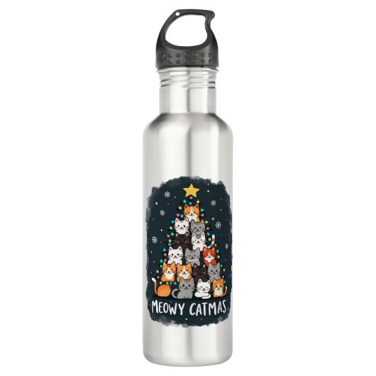 Meowy Catmas Cat Christmas Tree Xmas Girls Boys Fu Edelstahlflasche (Vorderseite)