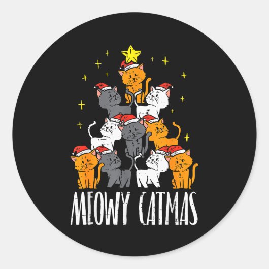 Meowy Catmas Cat Christmas Tree Xmas Pajamas Pjs W Runder Aufkleber (Vorderseite)