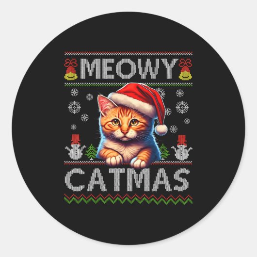 Meowy Catmas Cat Santa Christmas Kitten Xmas Ugly Runder Aufkleber (Vorderseite)