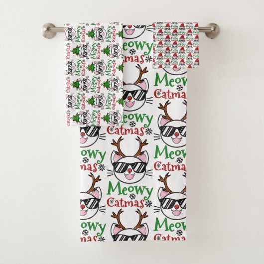 Meowy Catmas Christmas Kitty Cat Santa Reindeer Badhandtuch Set (Insitu)