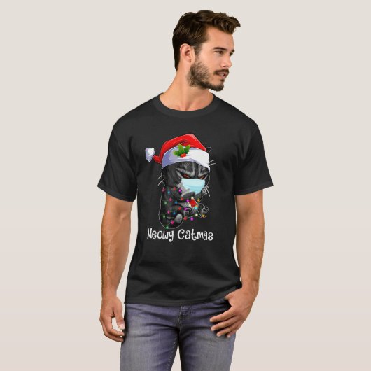 Meowy Catmas geimpft Santa Black Cat Wear Maske T-Shirt (Vorne ganz)