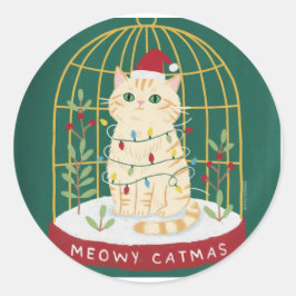 Meowy Catmas Ginger Cat in Cage Snow Globe Runder Aufkleber