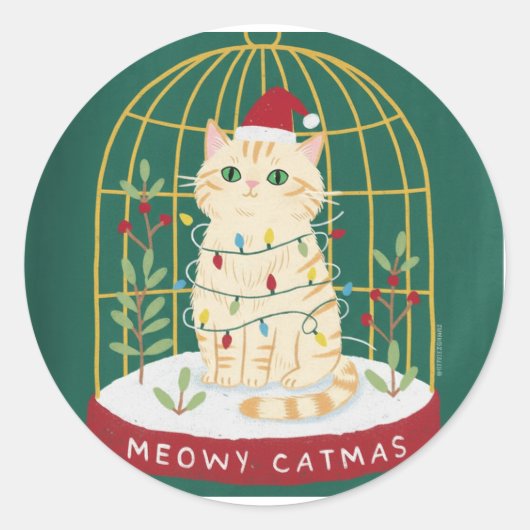 Meowy Catmas Ginger Cat in Cage Snow Globe Runder Aufkleber (Vorderseite)