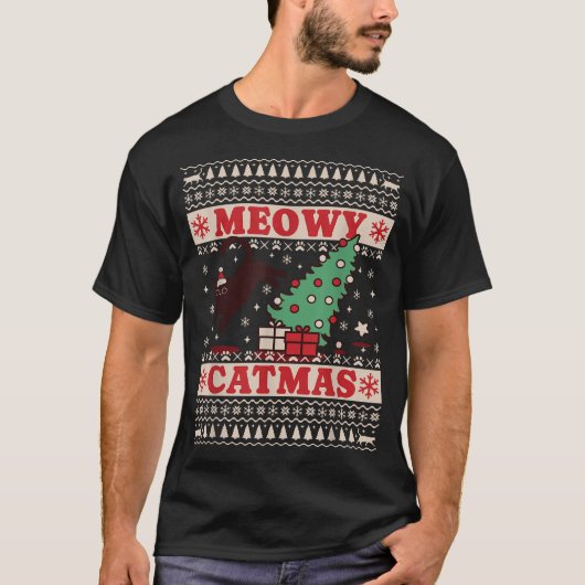 Meowy Catmas hässlich Weihnachten Sweater Cat Weih T-Shirt (Vorderseite)