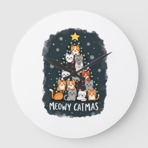 Meowy Catmas Katze Weihnachtsbaum Xmas Mädchen Jun Große Wanduhr