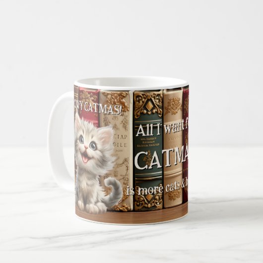 Meowy Catmas Katzen und Bücher Weihnachten Kaffeetasse (Vorderseite Links)