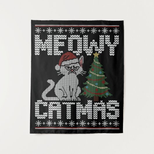 Meowy Catmas Knitted Cat Tapestry Wandteppich (Vorderseite)