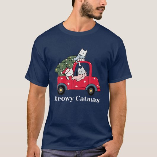 Meowy Catmas Red Truck Cat Christmas Pajama T-Shirt (Vorderseite)