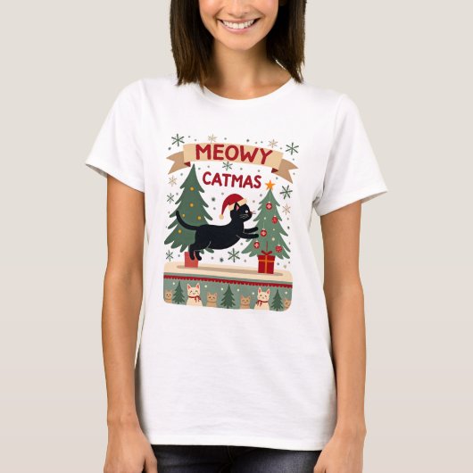 Meowy Catmas, Ugly Christmas Sweater, Cat Christma T-Shirt (Vorderseite)