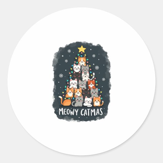 Meowy Catmas Weihnachtsbaum Xmas Girls Boys Fu Runder Aufkleber (Vorderseite)