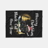 Meowy Christmas Black Cat Funny Santa Hat Happy Ne Fleecedecke (Vorderseite (Horizontal))