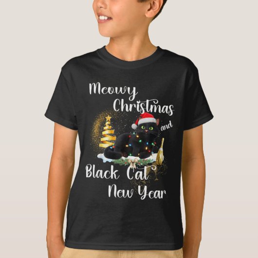Meowy Christmas Black Cat Funny Santa Hat Happy Ne T-Shirt (Vorderseite)