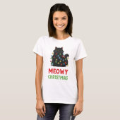 Meowy Christmas Black Cat with Lights T-Shirt (Vorne ganz)