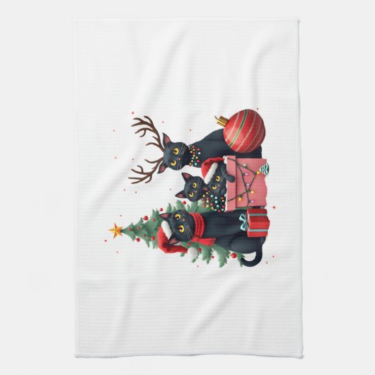 Meowy Christmas Black Cats Play Christmas Tree Lig Geschirrtuch (Vertikal)