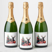 Meowy Christmas Black Cats spielen Weihnachtsbaum Schaumweinetikett (Flaschen)