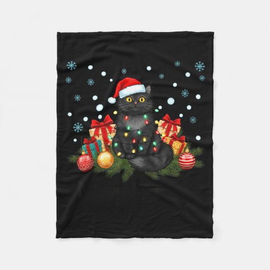 Meowy Christmas Black Cute Cat Santa Hat Xmas Wome Fleecedecke (Vorderseite)