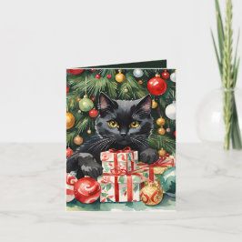 Meowy Christmas Black Kitten & Weihnachtsbaum Feiertagskarte