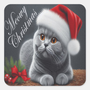 Meowy Christmas British Shorthair Santa Cat Quadratischer Aufkleber