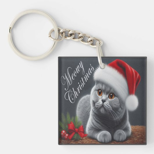 Meowy Christmas British Shorthair Santa Cat Schlüsselanhänger (Vorderseite)