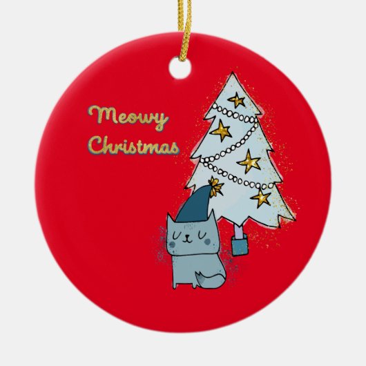 Meowy Christmas Cat and Tree Keramik Ornament (Vorne)