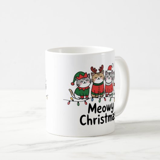 Meowy Christmas Cats with Lights Funny Holiday Kaffeetasse (VorderseiteRechts)