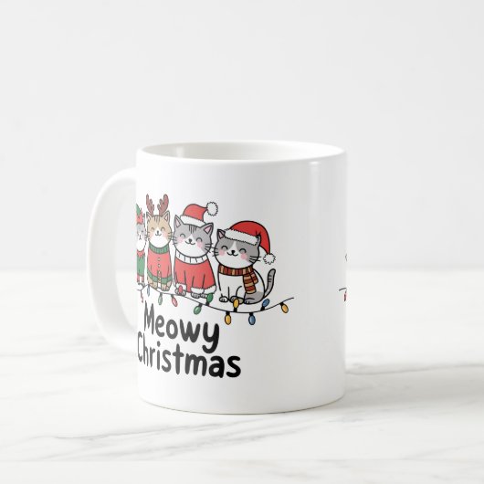 Meowy Christmas Cats with Lights Funny Holiday Kaffeetasse (Vorderseite Links)