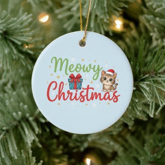 Meowy Christmas - Cute Cat & Gift Box Holiday Keramik Ornament (Baum)