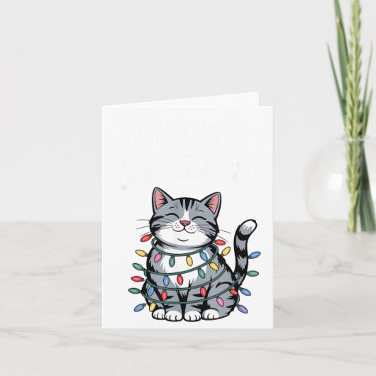 Meowy Christmas Cute Gray Tabby Cat Holiday Lights Karte (Vorderseite)
