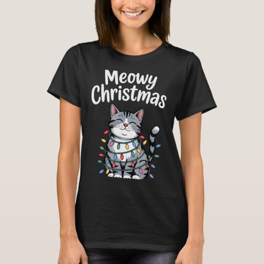 Meowy Christmas Cute Gray Tabby Cat Holiday Lights T-Shirt (Vorderseite)