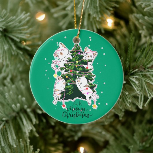 Meowy Christmas | Funny Cat Illustration Keramik Ornament (Baum)