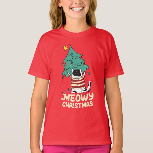 Meowy Christmas Funny Cat Lover T-Shirt (Vorderseite)