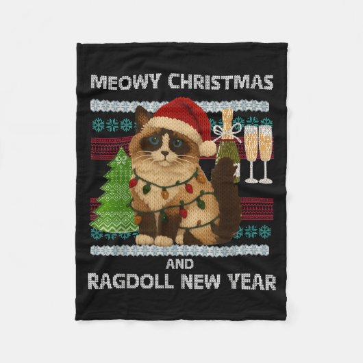 Meowy Christmas Funny Ragdoll Cat Santa Hat Ugly S Fleecedecke (Vorderseite)
