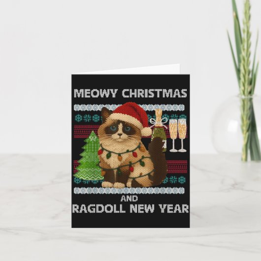 Meowy Christmas Funny Ragdoll Cat Santa Hat Ugly S Karte (Vorderseite)