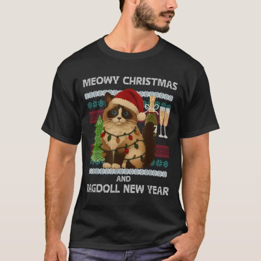 Meowy Christmas Funny Ragdoll Cat Santa Hat Ugly S T-Shirt (Vorderseite)