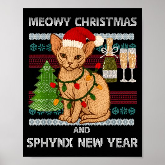 Meowy Christmas Funny Sphynx Cat Santa Hat Ugly Sw Poster (Vorne)