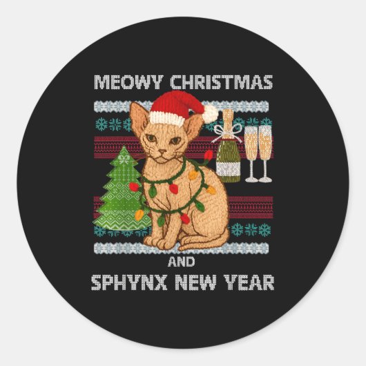 Meowy Christmas Funny Sphynx Cat Santa Hat Ugly Sw Runder Aufkleber (Vorderseite)