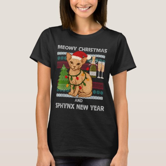 Meowy Christmas Funny Sphynx Cat Santa Hat Ugly Sw T-Shirt (Vorderseite)