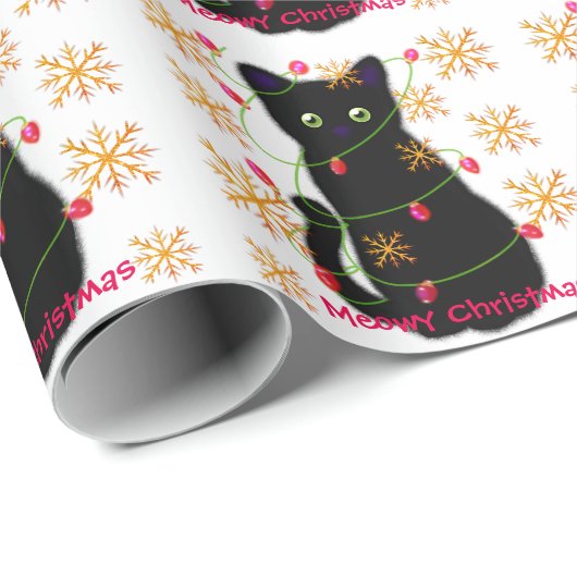 Meowy Christmas | glitzernde Goldschneeflocken Geschenkpapier (Rolleneckpunkt)